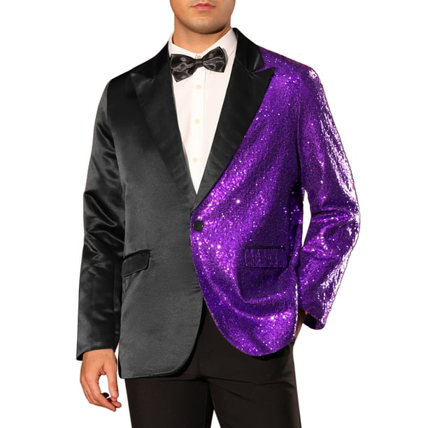 CHAQUETAS DE TUXEDO CON PICO DE LENTEJUELAS INSPIRADORAS CHIC PARA HOMBRE EN BLOQUE DE COLOR, TRAJE BRILLANTE PARA BODA, TALLA XL, NEGRO Y PURPURA