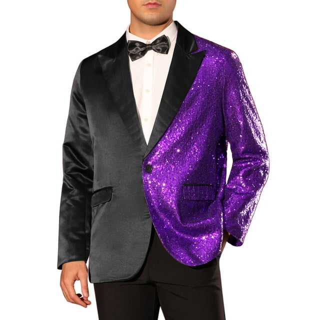 CHAQUETAS DE LENTEJUELAS INSPIRADORAS CHIC PARA HOMBRES, TUXEDO DE PICO EN BLOQUE DE COLOR, TRAJE BRILLANTE PARA BODA, CHAQUETA M NEGRO MORADO