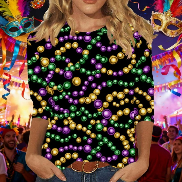 RKSTN Mardi Gras 3/4 Length Sleeve Womens Tops Oversized Crewneck Carnival Graphic Printed Three Quarter Sleeve T Shirt Women Casual Round Neck Funny Tuesday Carnival Party Loose Short Sleeve Shirt
