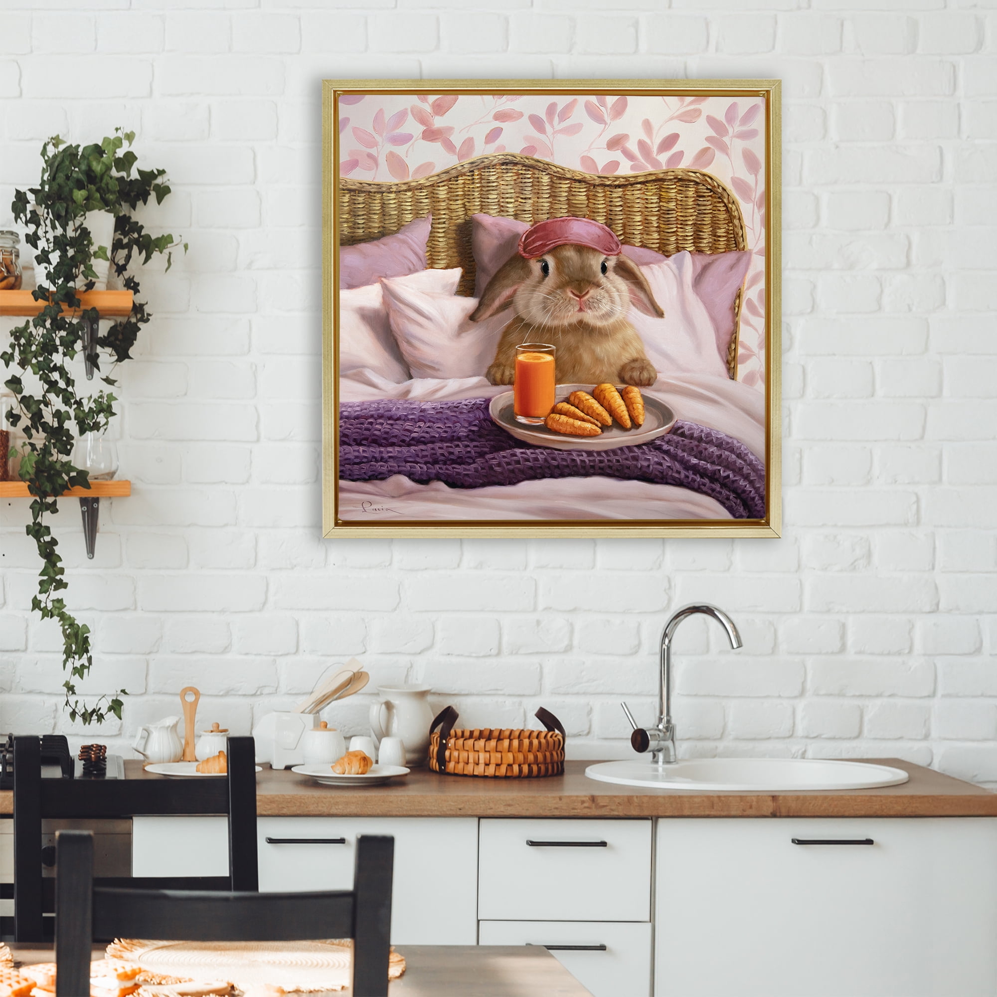 Stupell Industries Hoppy Meal Bunny in Bed Gold Framed Floater Canvas Wall Art, design by Lucia Heffernan