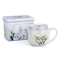 STP GOODS Lily of the Valley Bone China Big Belly Mug in Gift Box 16.23 fl oz (480 ml) Floral Mug Coffee and Tea Mug for Latte Cocoa Chocolate, White and Green