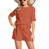 SWSMCLT Women's Summer 2 Piece Casual Shorts Set Drawstring Mid Date Night Suits Fall Lounge Soft Short Sleeve Outfits Coffee Medium
