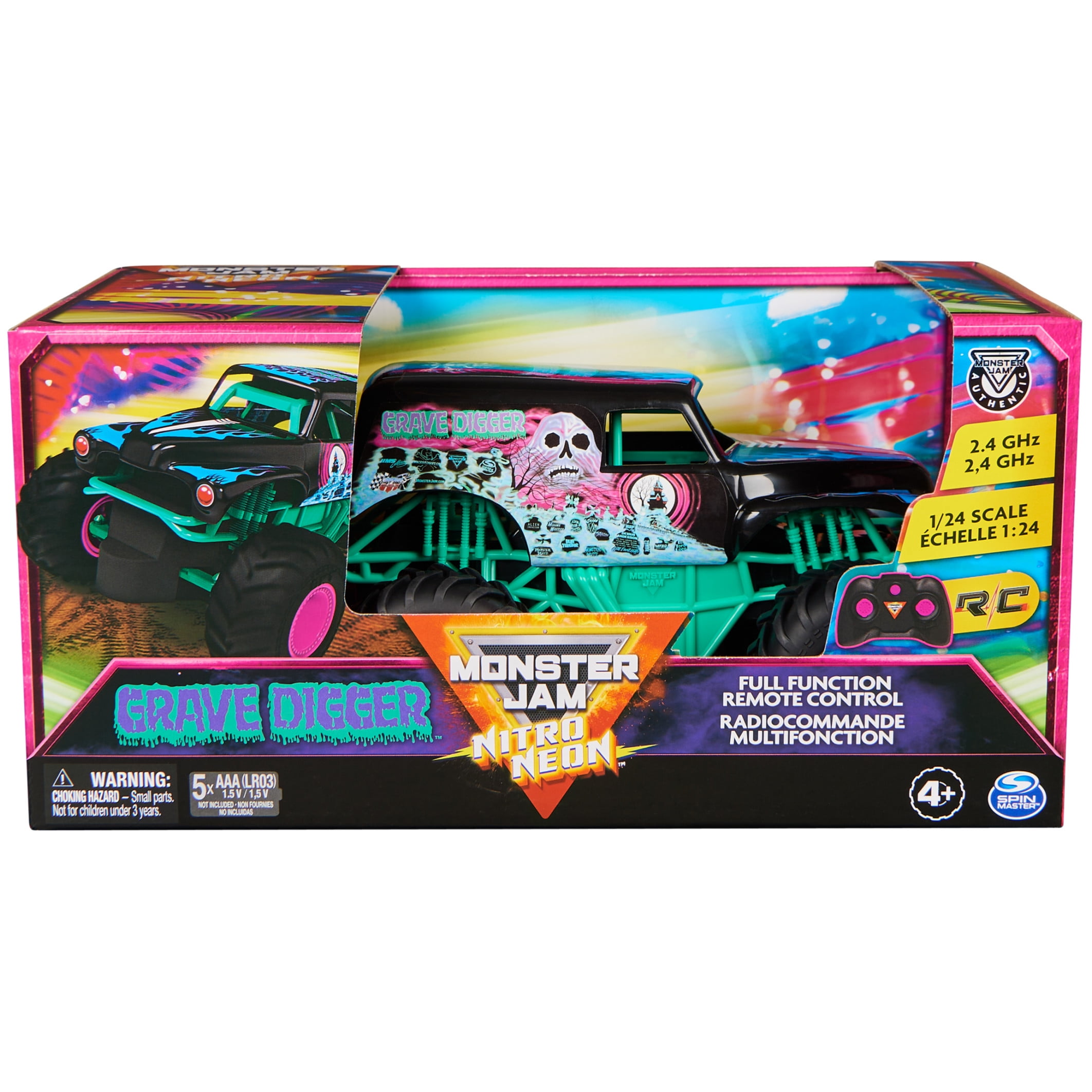 Monster Jam, Grave Digger RC Monster Truck, 1:24 Scale, Nitro Neon, Megalodon Toy with Controller  (图2)