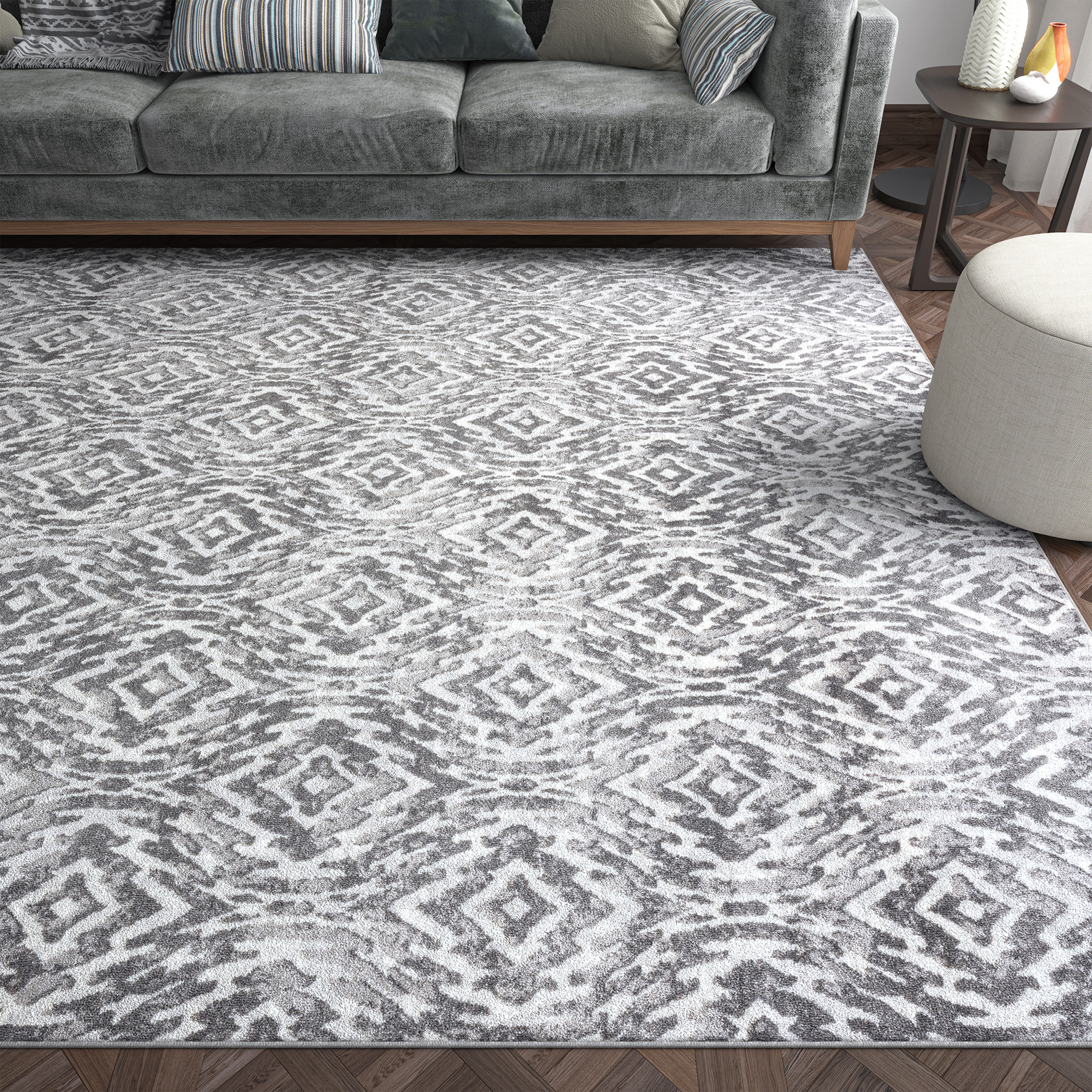 Contemporary 4x6 Area Rug (4' x 5'3'') Geometric Gray, White Indoor Rectangle Easy to Clean