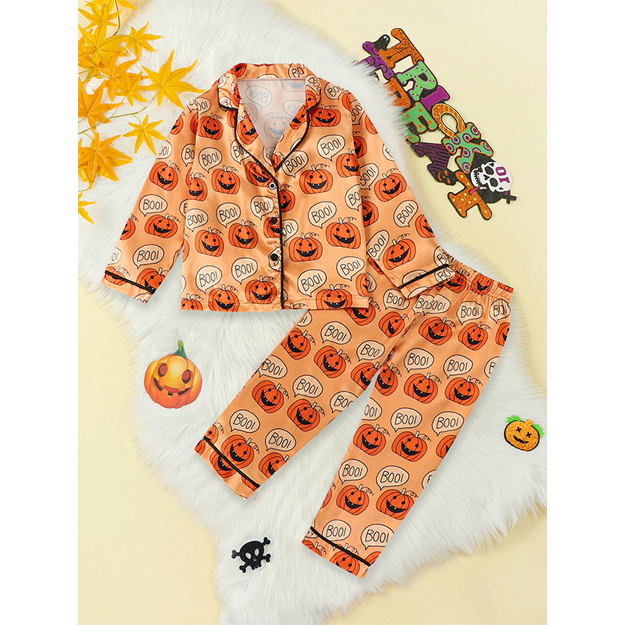 Boiiwant Kid Girls Boys Halloween Pajamas Set 3 4 5 6 7 Year Little Girl Pumpkin Print Long Sleeve Lapel Shirts Long Pants 2 Pieces Lounge Sleepwear