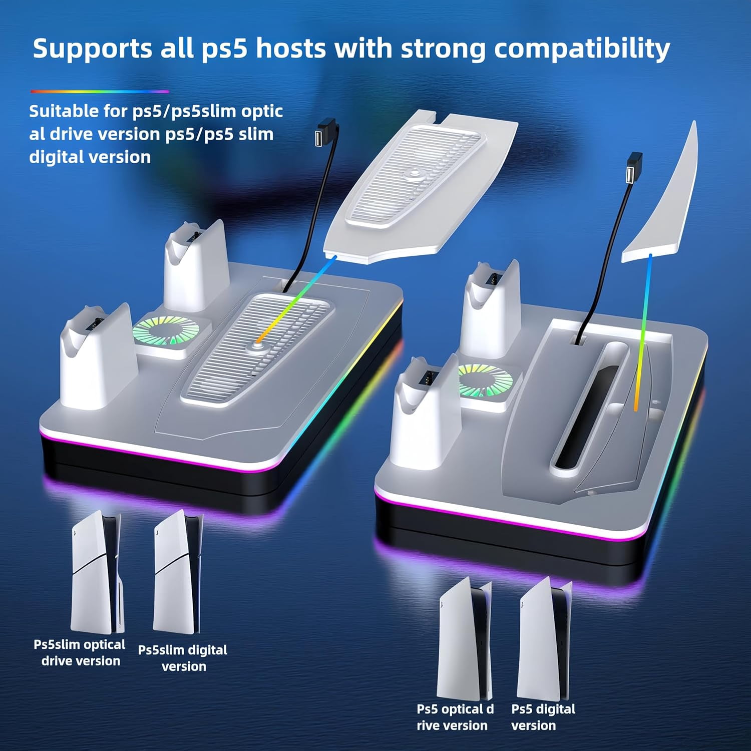 Cooling Station for PS5/PS5 Slim/PS5 Pro Console (Disc& Digital),PS5 Slim Stand with Fast Controller Charging Station,Controller Charger,3 Speeds Cooling Fan,Headset Holder,RGB Lights&3 USB Ports