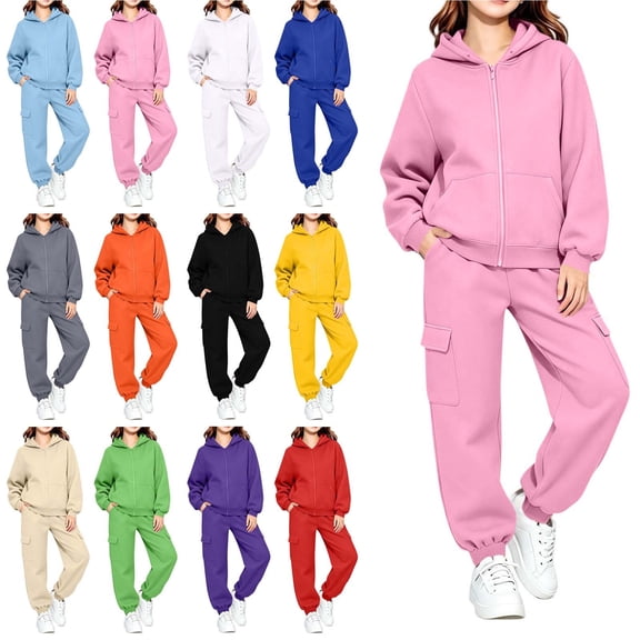 Piuwrlz Kids 2-Piece Hoodies Outfits Sets,Girls Zipper Cotton Sweatshirt Pants Fashion Set Pink Size 7-8 Years