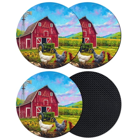 Farmhouse Chickens Coasters Set of 4 Absorbent Coasters for Drinks Red Barn Rooster Country Coaster for Desk Coffee Table Protection Home Decor House Warming Gifts 4