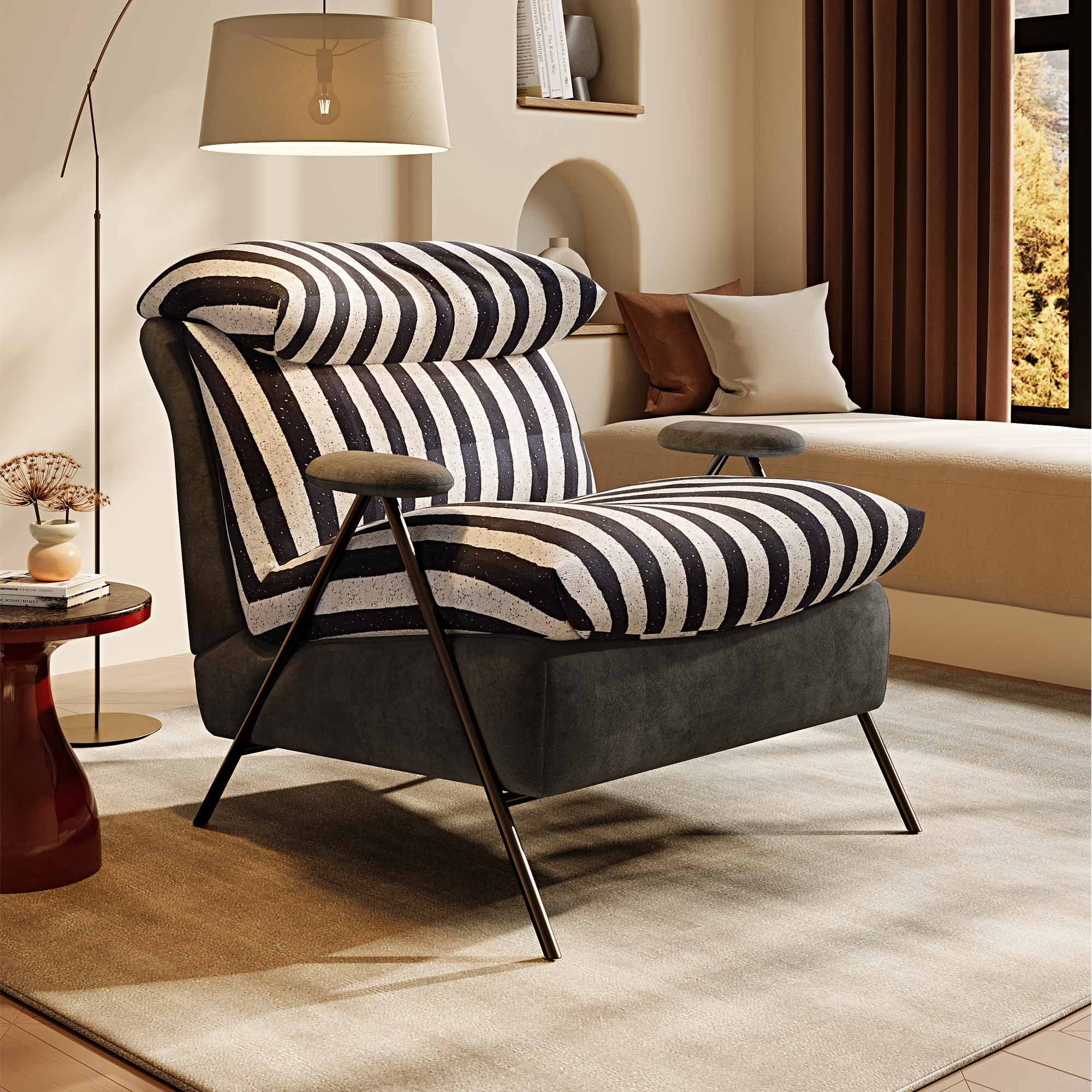 GARITIN Accent Chair and Reading Chair 31.8 Inch, Solid Wood Frame Lounge Chair with Plush Velvet Upholstery for Living Room Bedroom, Grey Striped