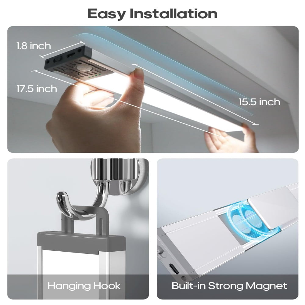 Goodea 17.5Inch Under Cabinet Lighting, 4500mAh Rechargeable Battery Motion Sensor Light Indoor, Wireless Under Cabinet Lights for Kitchen, Closet, 4 PACK