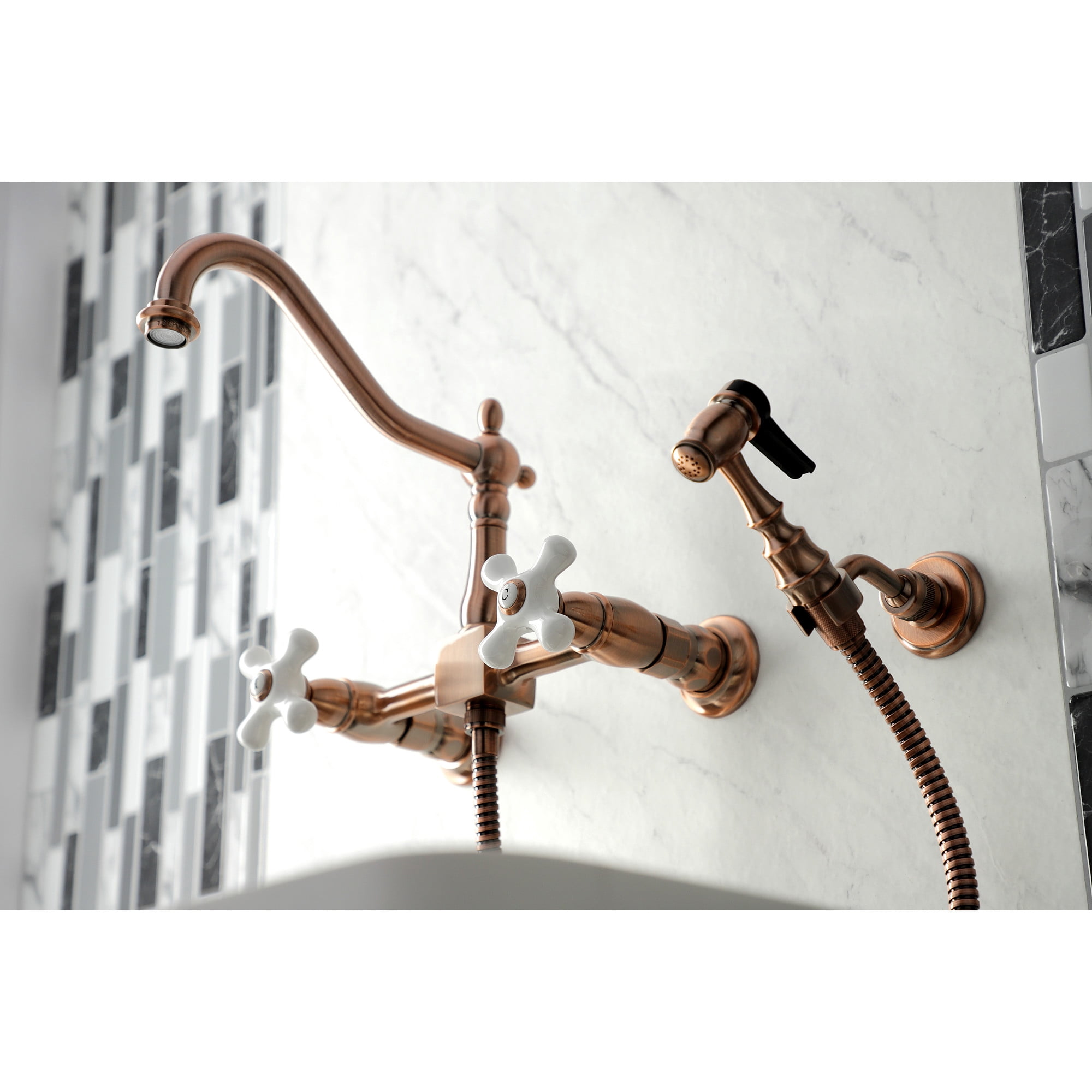 Kingston Brass KS124PXBSAC Heritage Double-Handle Wall-Mount Bridge Kitchen Faucet with Brass Sprayer, Antique Copper