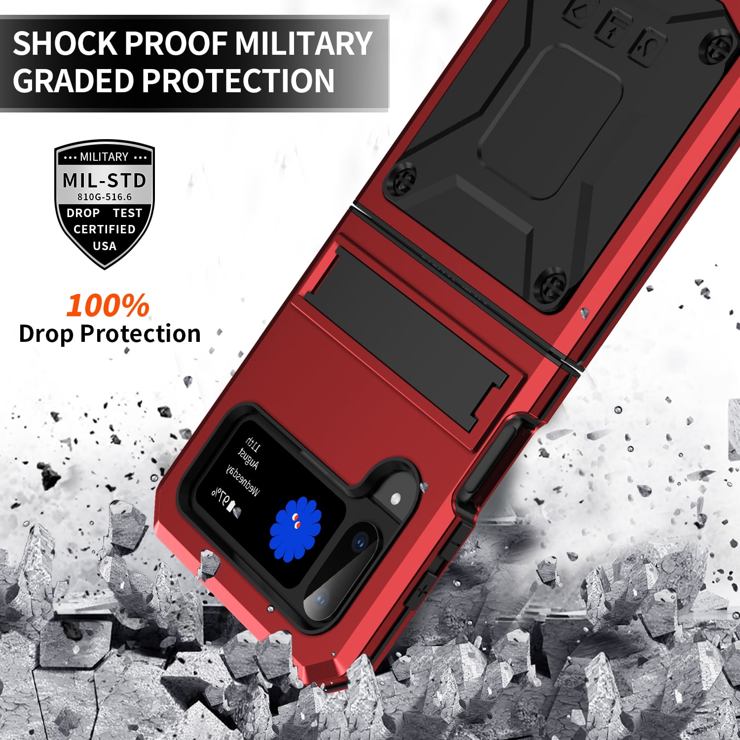 ELEHOLD for Samsung Galaxy Z Flip 4/3 6.7" Case, Heavy Duty Armor Built-in Explosion-Proof Tempered Glass Screen Protector Wireless Charging Hang Rope Hidden Kickstand Shockproof Rugged Case,Red