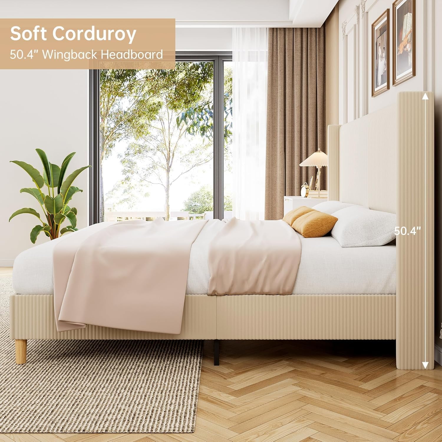 KOKEBREN QUEEN Size Bed Frame, Corduroy Upholstered QUEEN Bed Frame with Wingback Headboard, No Box Spring Needed, Solid Wooden Slats, Noise Free, Beige