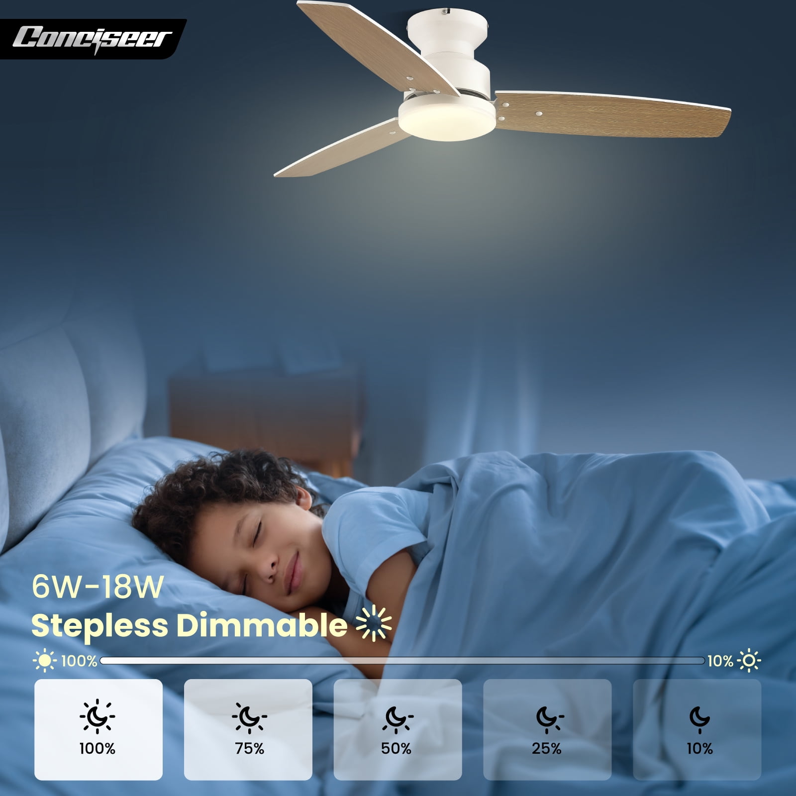 Conciseer 42 Inch Ceiling Fan with Light and Remote, Bedroom Living Room Office Outdoor, Flush Mount, 6CCT Dimmable, 3 Blades 6 Speed Reversible Quiet DC Motor, White/Wood Gr