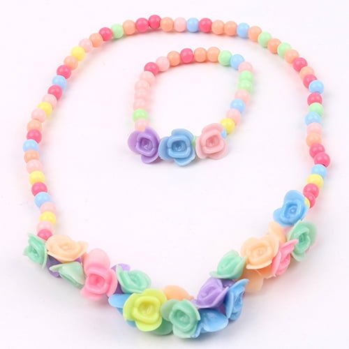 Collier et bracelet enfant pour fille perles en bois roses fleurs