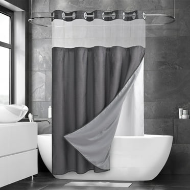 Ikfashoni Gray Hookless Shower Curtain with Snap in Liner, Waffle Weave Waterproof Fabric Mesh Window Bathroom Curtain, 72"X74"