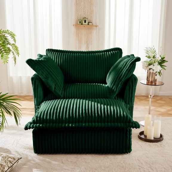 Miekor Furniture Upholstered Slipcovered Armchair with Ottoman, Deep Seat Armchair W/ Wide Ottoman for Living Room, Armchair Sets with Large Soft Pillows(Set of 2), Green Corduroy Fabric 45459