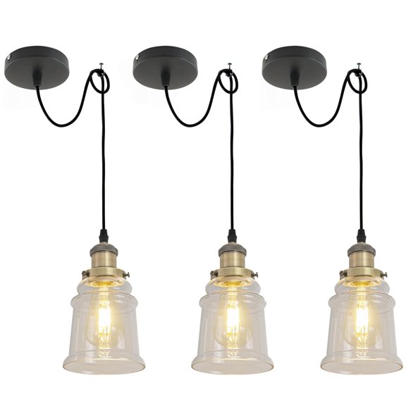 Kiven Farmhouse Glass Pendant Light Fixture 3 Pack, High Ceiling Compatible Pendant Lighting with 9.84FT Wire, Industrial Hardwire Pendant Lighting for Kitchen Hallway Bedroom Home Decor,Bronze