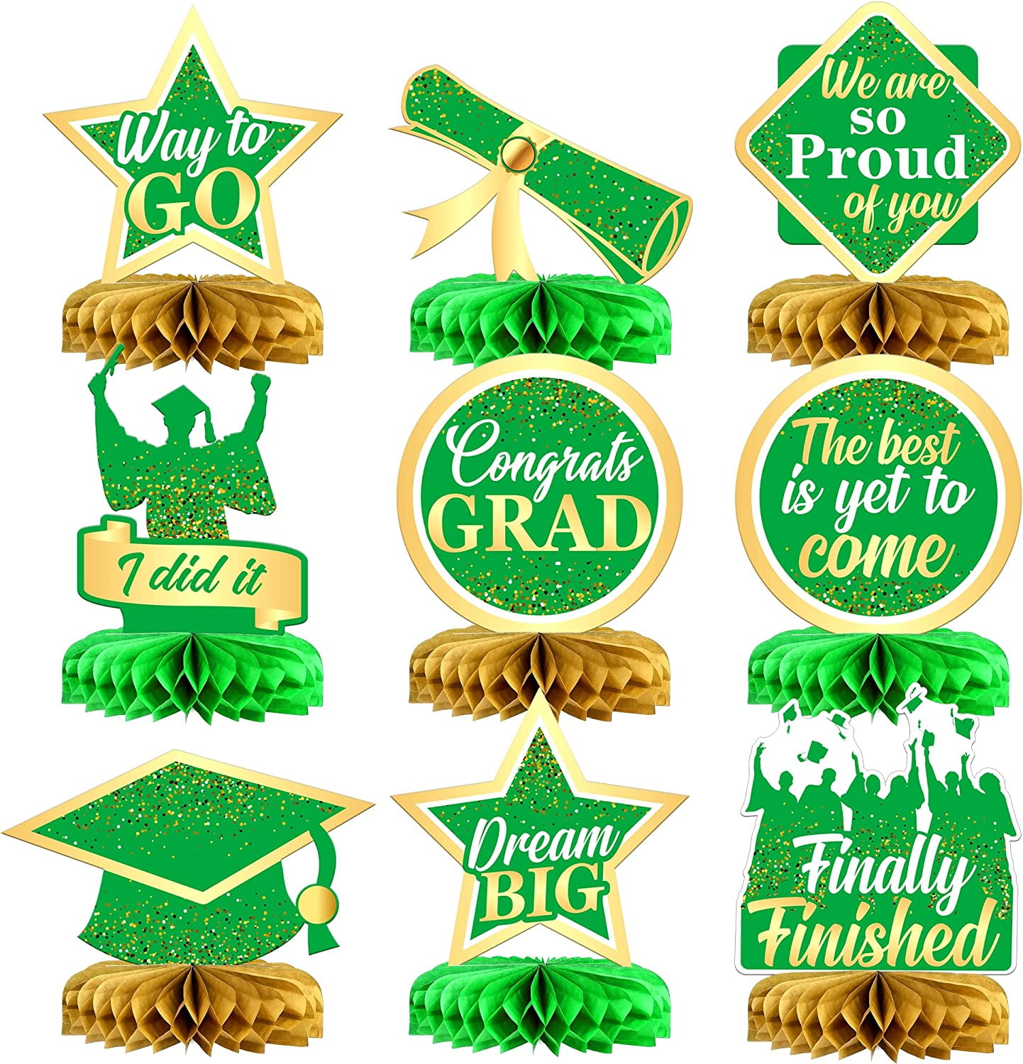 9 Pieces, Graduation Centerpieces Green and Gold Graduation