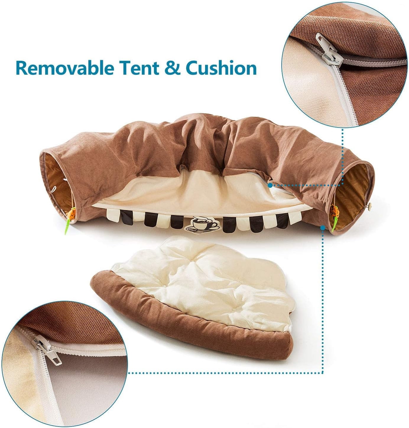 Cat Bed for Indoor, Cat Tube with Collapsible Washable Bed, Cat Tunnel, Premium Toy for Small Medium Large Cat.(Cafe)
