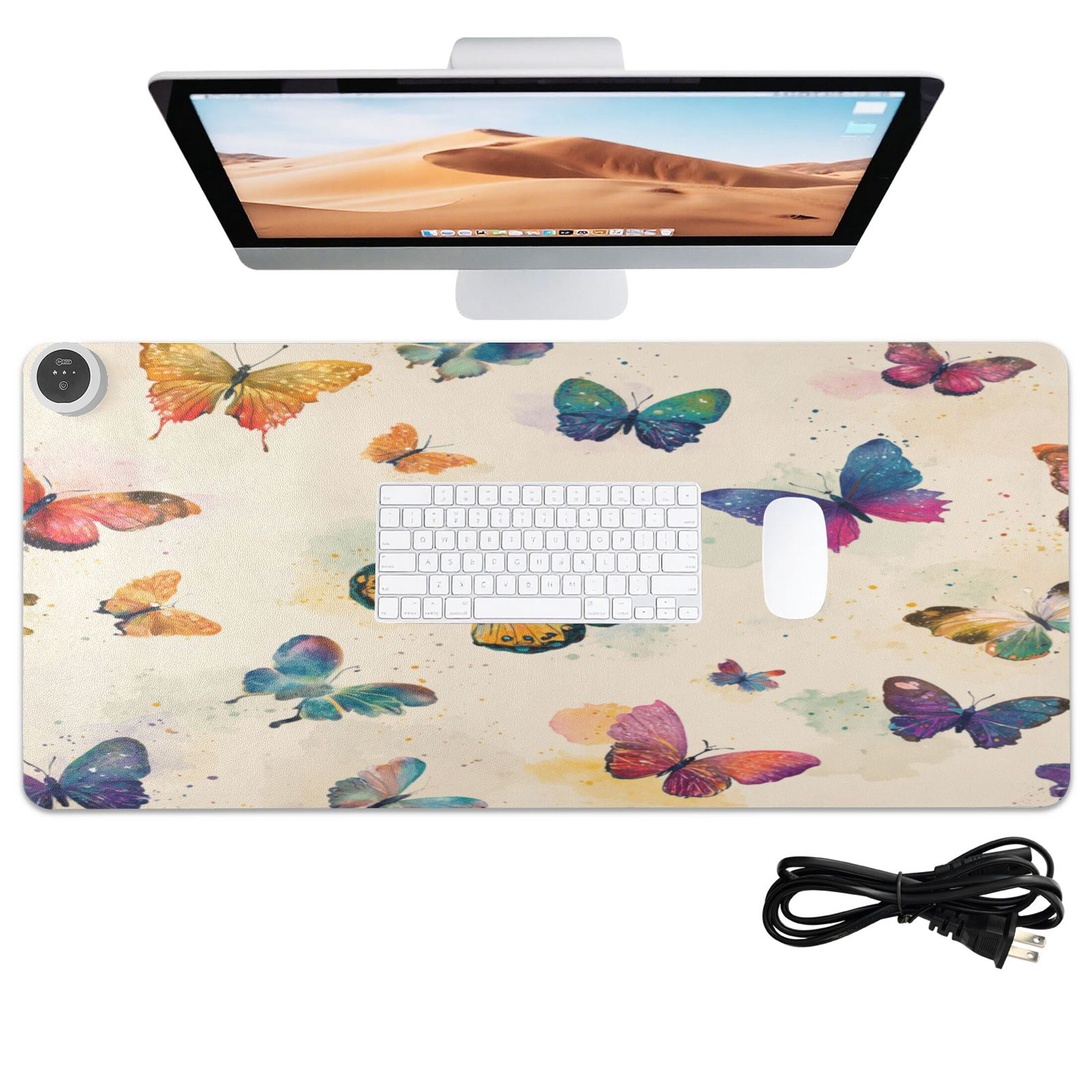 Large Heated Desk Mat Mouse Pad 31.5"x13"PU Leather Graphene Heating Desk Warmer with 3 Temperature Settings 110V US Plug Non-Slip Warm Pad for Home, Office, and Gaming Vibrant Polka Dot Butterfly