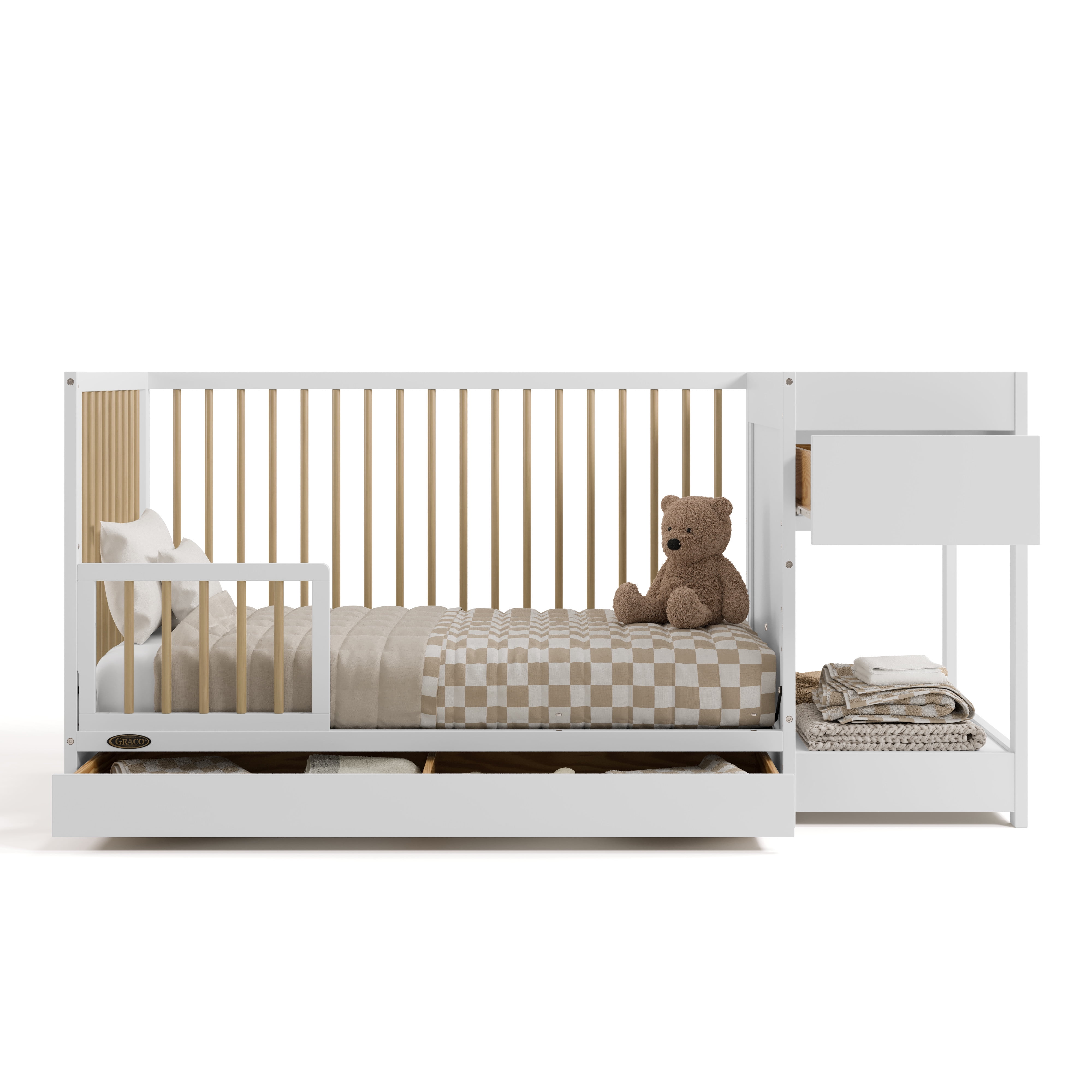 Graco Teddi 5-in-1 Convertible Baby Crib and Changer with Drawer, White with Driftwood