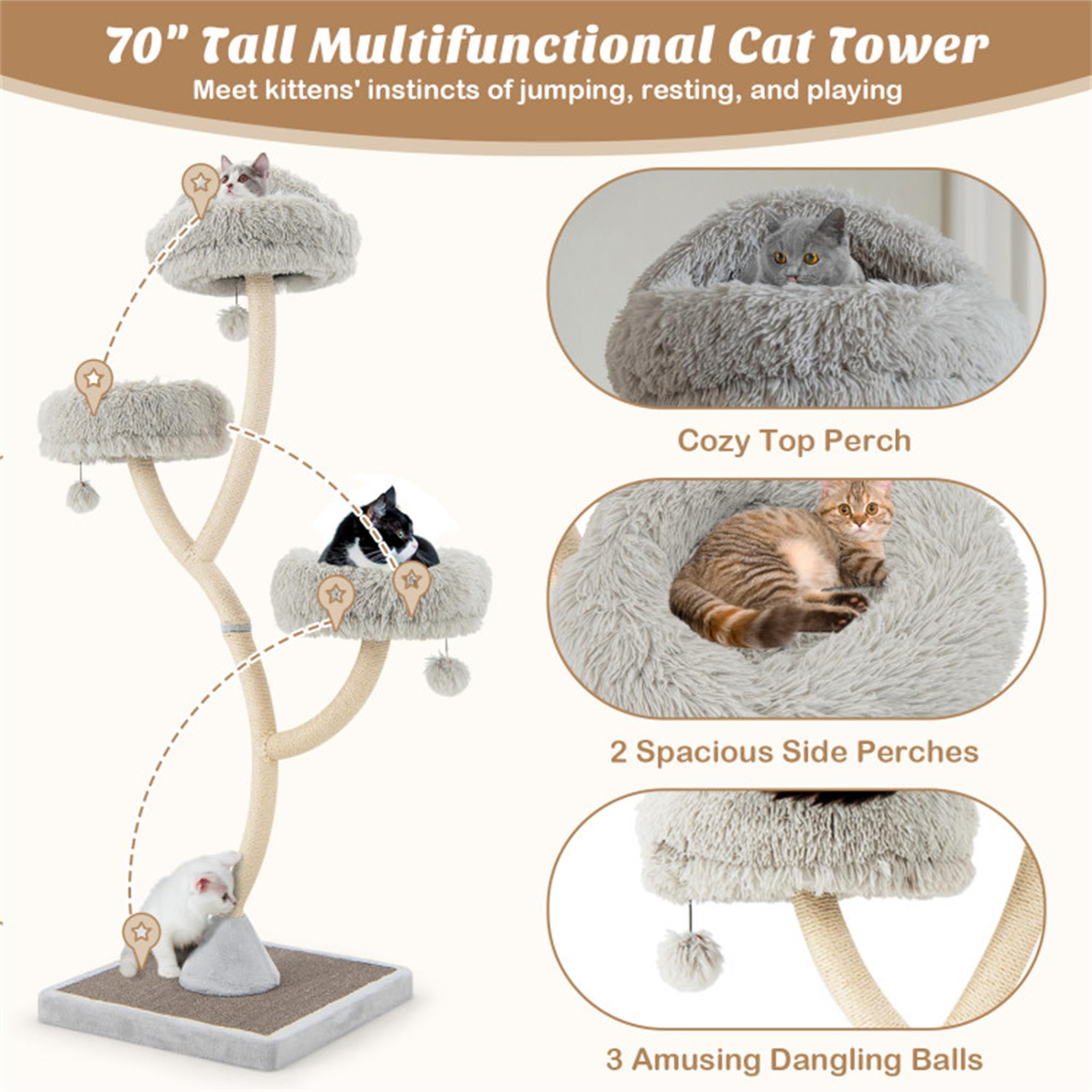 Kadyn 70" Modern Cat Tree Tower for Indoor Cats, Large Cat Condo with Scratching Post and Removable Pads for Small Large Cats, Gray