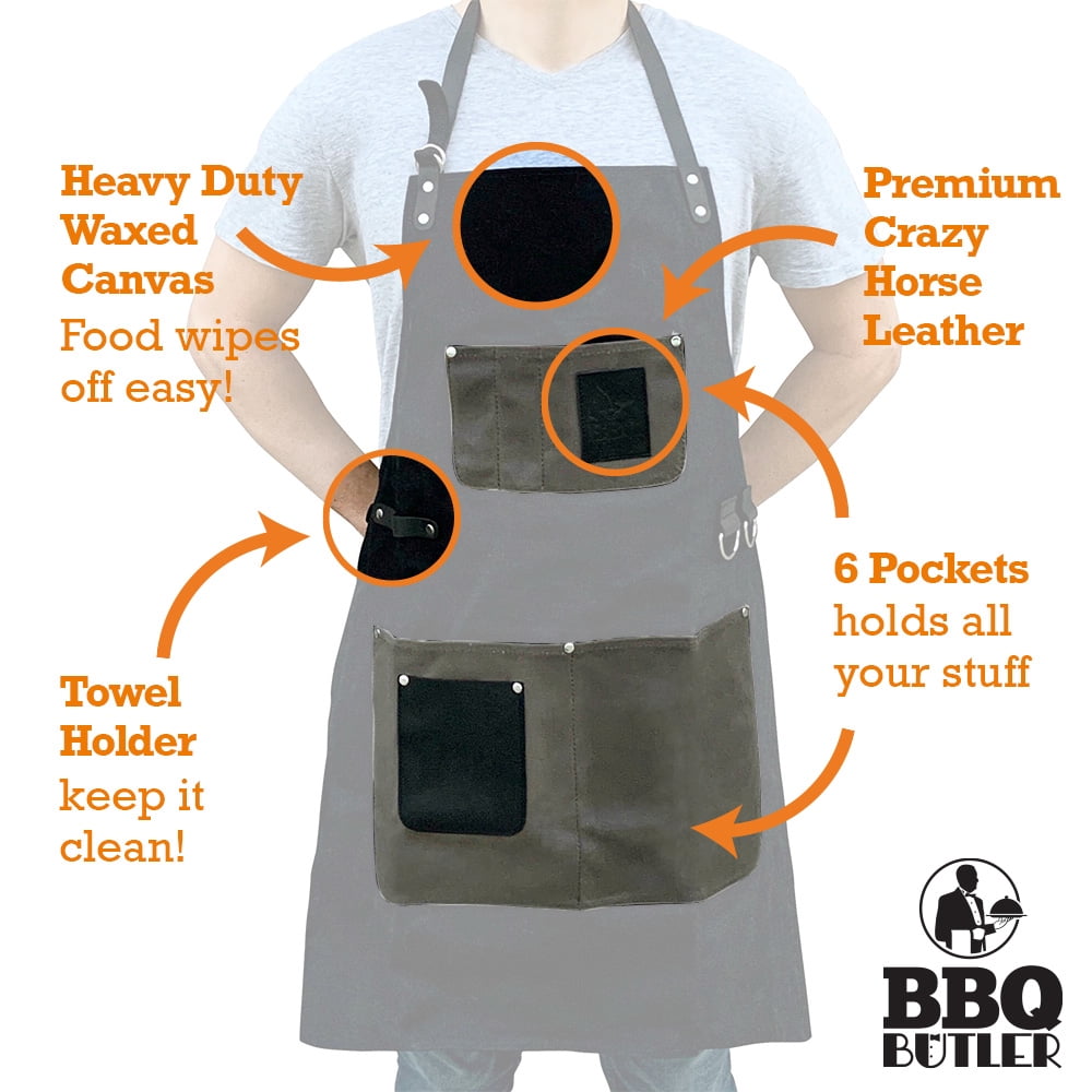 BBQ Butler Grilling Apron - Premium Waxed Canvas Apron - Deluxe Leather - Black & Grey