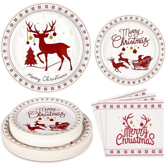 Waipfaru 200 Pcs Christmas Plates and Napkins Disposable, Christmas Elk Pattern Paper Plates and Napkins Sets, Christmas Party Supplies Decoration Serve 50 Guest