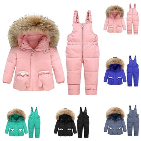 Jinhomg Winter Snowsuit for Baby Kid 3 Piece Windproof Ski Suit Thermal Comfy Faux Fur Trim Hooded Puffer Coat with Snowboard Overalls and Fleece Mittens 90 Percent off Clearance Sale Gray 3 Years