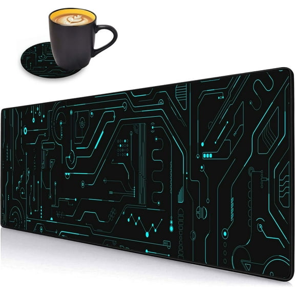 Desk Pad Mat Gaming Mouse Pads with Coasters Set, Stitched Edges Design Mouse Pad XXL Large Mouse Pad for Laptop Computers Circuit Board Pattern Desk Writing Mat for Office & Home 31.5"x 11.8"