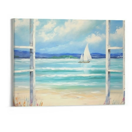 

HOMEJACK Bathroom Beach Canvas Wall Art: Window View Picture Abstract Ocean Sailboat Print Blue Seascape Paintings Tropical Coastal Artwork for Bedroom Living Room Home Decor 20X16in