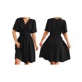 thumbnail image 2 of Honganda Robe Midi Femme Couleur Unie Manches Courtes Col en V Robe Été Mode Décontractée Robe Trapèze, 2 of 9