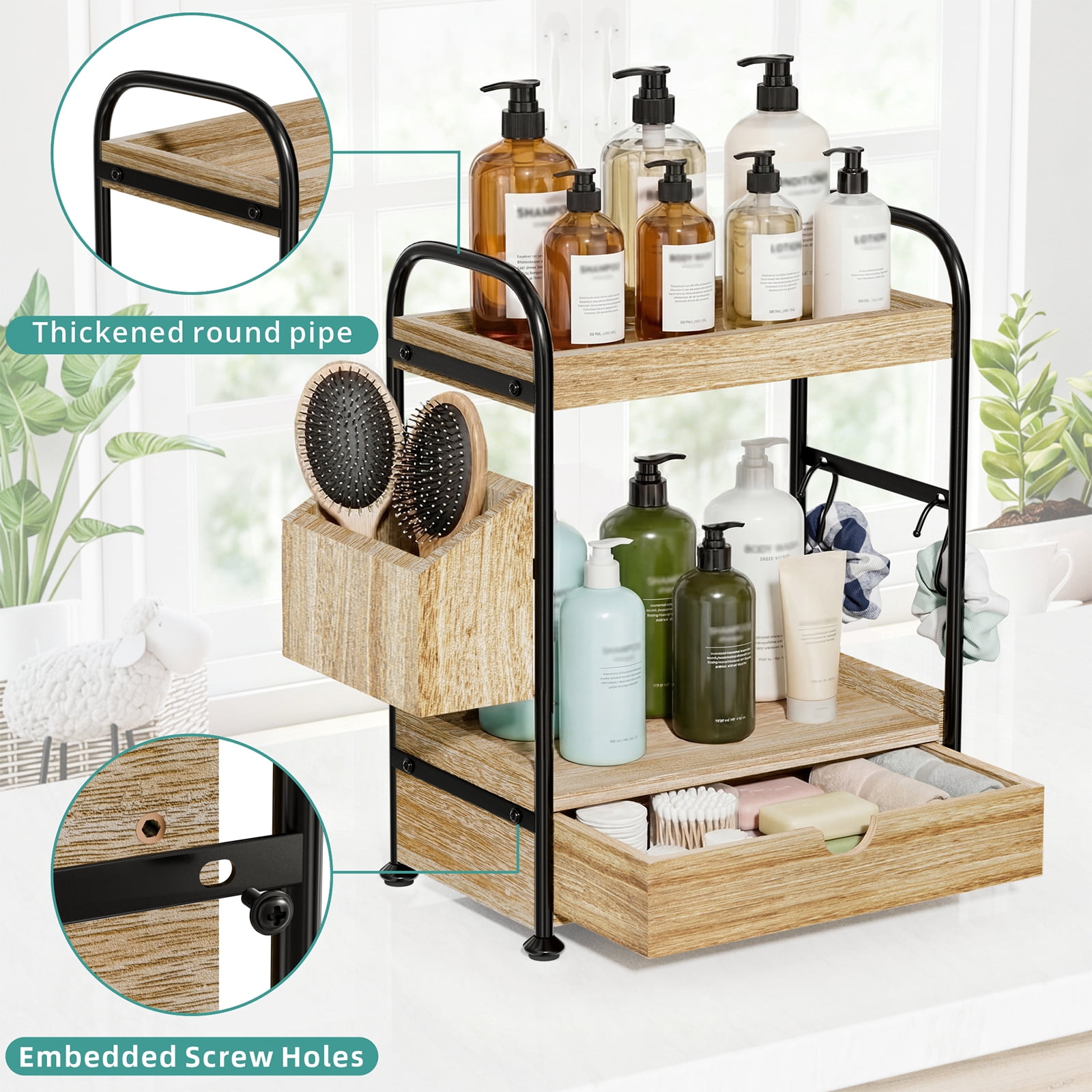 2 Tier Bathroom Counter Organizer with Drawer, Wooden Vanity Skincare Storage Shelf with Thickened Iron Frame, Countertop Shelves with Basket and Hooks for Bathroom Makeup Organization (Light Brown)