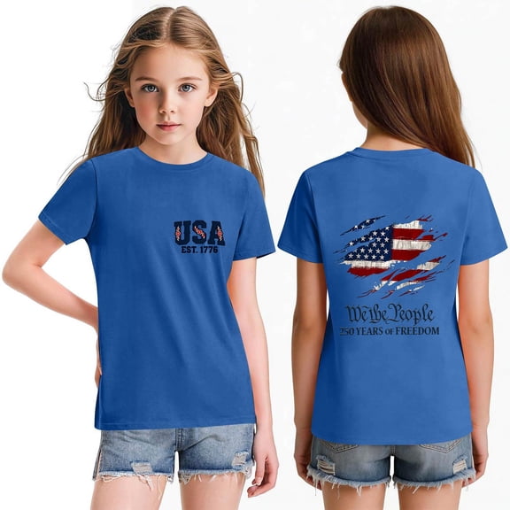 CCRFTGI 4th of July Tops for Child Girls Size 10-12 Short Sleeve Happy USA Flag Summer Cute Casual Tshirts 1776 Festival Teen Girl Clothes Tops Blue 10-11 Years