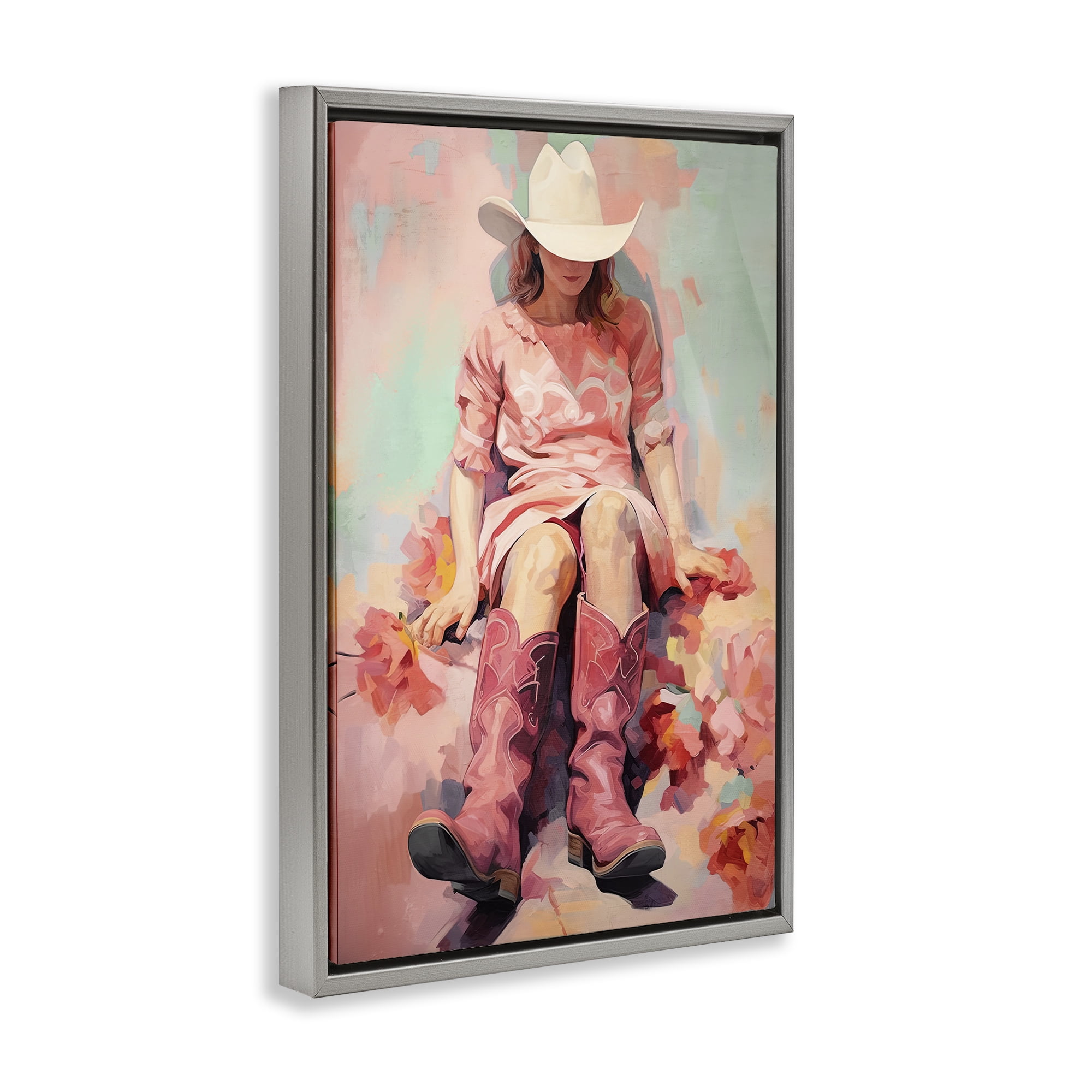 Stupell Industries Cowgirl & Soft Florals Novelty Painting Gray Floater Framed Canvas Art Print Wall Art, 17 x 25