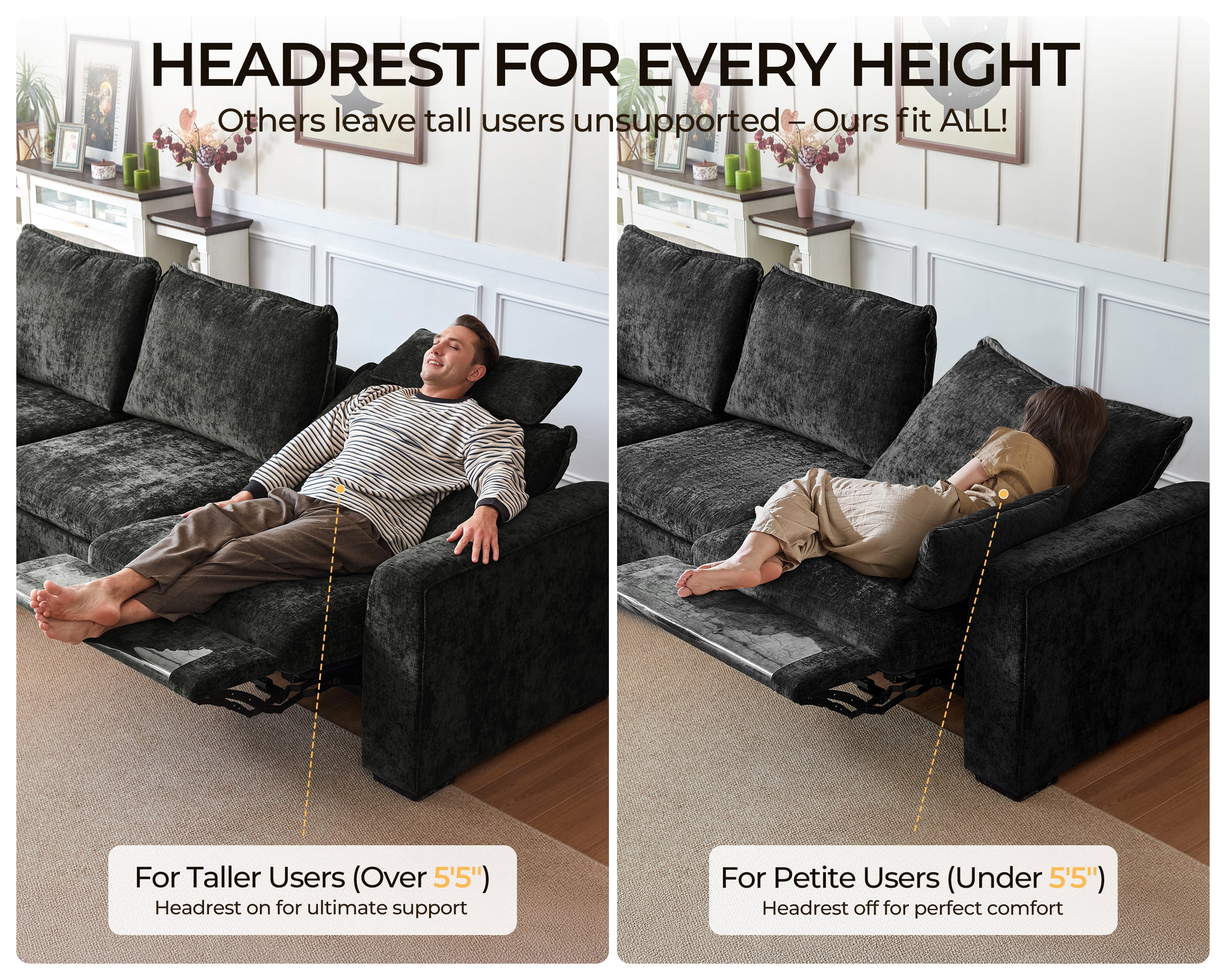 BEDEEP 125'' Power Recliner Sofa with Headrest, Modular Cloud Sectional Chenille Reclining Couch, Convertible 3-Seater Sofa Couch for Living Room RV, Black