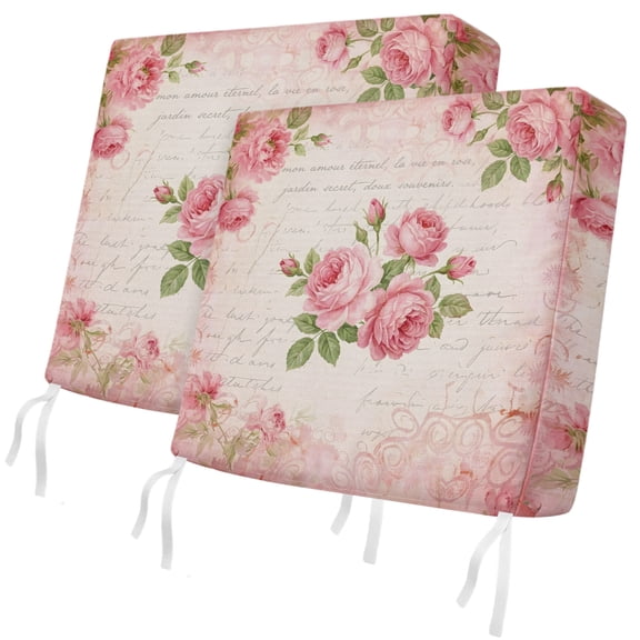 Pink Roses 2 Pcs Patio Cushion Covers, Country Vintage Romantic Pastoral Flowers Green Leaf Waterproof Outdoor Cushion Cover, Replacement Washable Sofa Chair Seat Cover with Zipper 20"x18"x4"