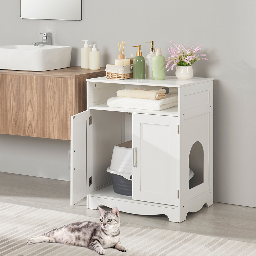 Unipaws Cat Litter Box Furniture, Wooden Cat Washroom Hidden Litter Box Enclosure with 2 Entrances, Cat House Storage Nightstand