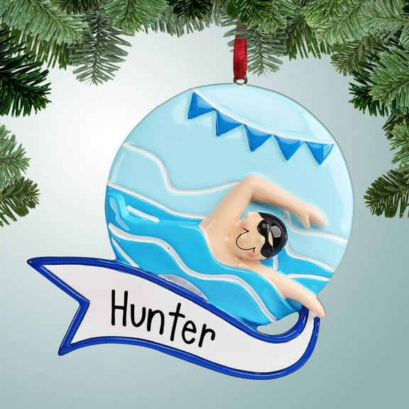 Swimming with Banner Boy - Personalized Christmas Ornament - Learning to Swim - Swimmer - Pool - Meet - Great Gift Ideas