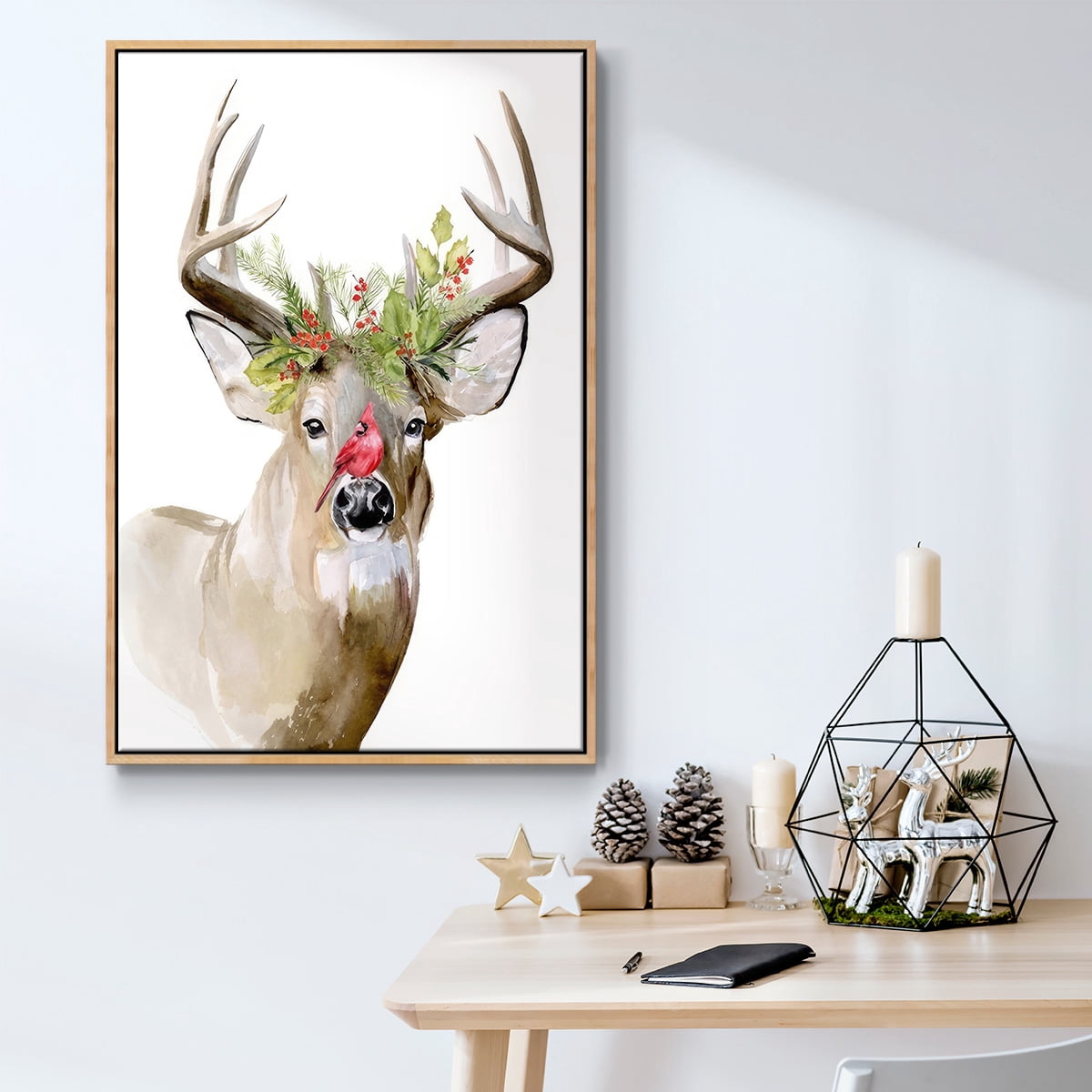 Holiday Deer II - Framed Gallery Wrapped Holiday Canvas - 17 x 25 - Natural Wood Frame