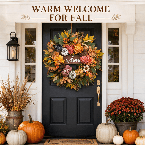 24-inch Artificial Fall Floral Wreath for Front Door with Peonies, Pumpkins, Berries, Lotus Pods and Welcome Sign, Outdoor Autumn Decor