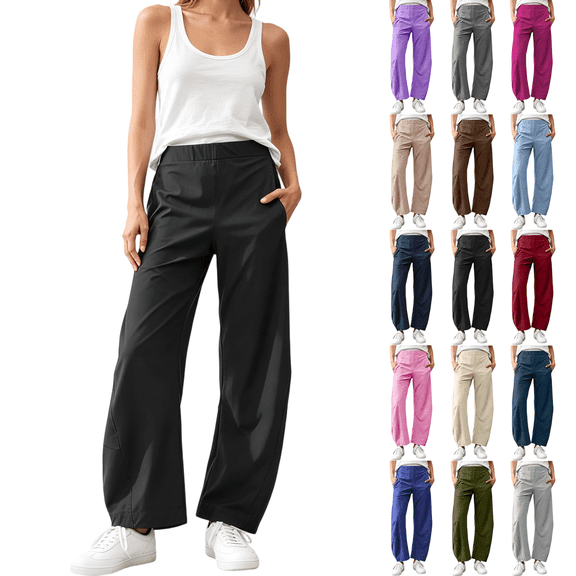 Womens Barrel Travel Pants Elastic Waist Baggy Ankle Pants with Pockets, Nylon Fabric, Relaxed Fit, Curved Tapered Leg, Casual Work Trousers | VerBelle,Army Green L