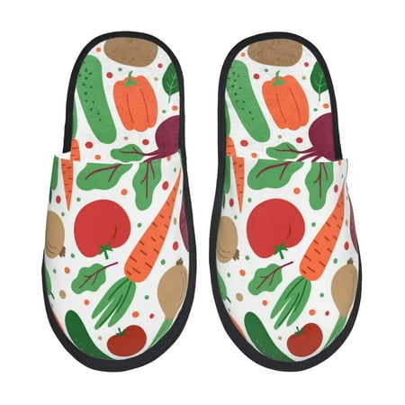 

Fuzoiu Vegetables Print Unisex Furry Slippers Plush Indoor Shoes Trendy House Slippers Anti-Skid EVA Sole House Shoes for Home Office and Travel -Large