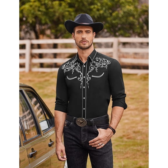 COOFANDY Men's Long Sleeve Shirt Embroidery Slim Fit Casual Button Down Shirt