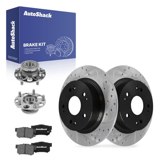 AutoShack Rear Solid Drilled & Slotted E-Coated Brake Rotors   Ceramic Pads   Hub Bearing Assembly 8-PC Brake Kit Replacement for 2003-2007 Honda Accord ShadowGuard 10.22" (259.5 mm)