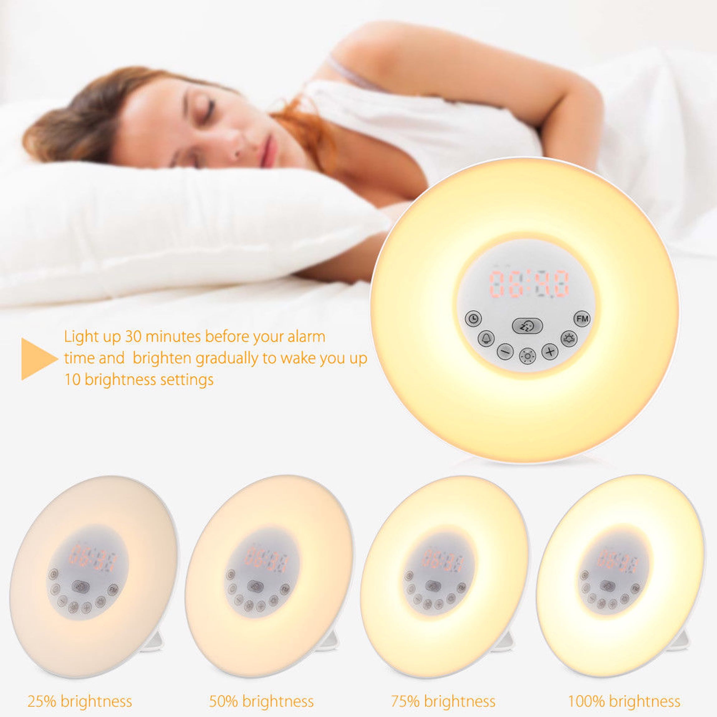 Wake Up Light Alarm Clock Digital LED 6 Color Switch Radio Sunrise Natural Bed 