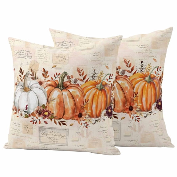 Fall Pumpkin Outdoor Waterproof Pillow Covers, Thanksgiving Autumn Leaves Floral Decorative Square Throw Pillowcase Sofa Cushion Sham for Patio/Couch/Chair, 24"x24" 2 Pack