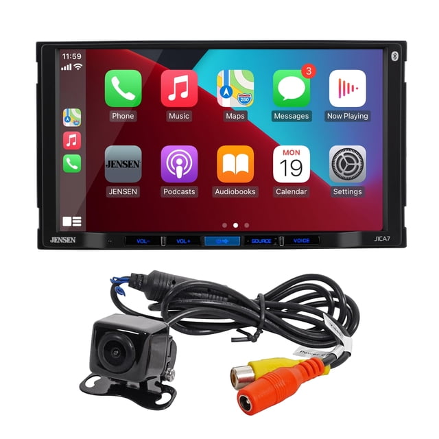 JENSEN J1CA7-BUC Apple CarPlay Android Auto certificado de 7 pulgadas | Radio estéreo para coche con pantalla táctil de doble DIN | Llamadas manos libres Bluetooth y transmisión de música | Cámara de