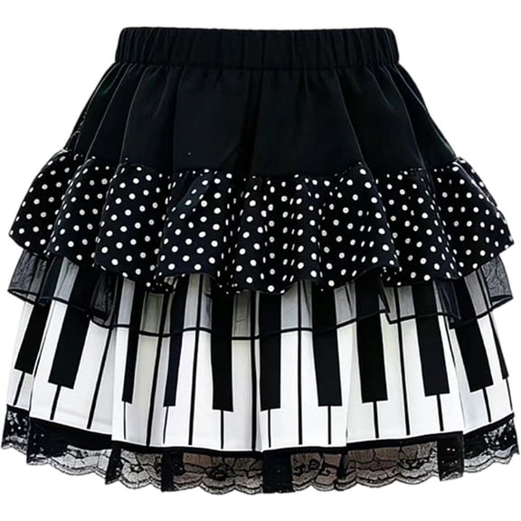 Hzzsbu Women's High Waist Piano Key Polka Dot Midi Skirt, Lace Hem Summer Casual Bottoms
